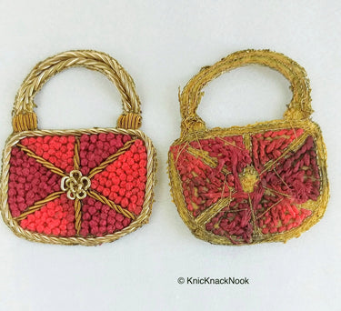 Hand Embroidered Handbag Applique In Red and Antique Gold Zardozi Embroidery, Appliqué Patch, Bag Applique